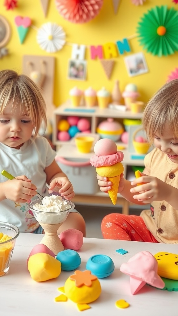 Toddlers enjoying various ice cream-themed activities, including making ice cream, crafting, and sensory play.